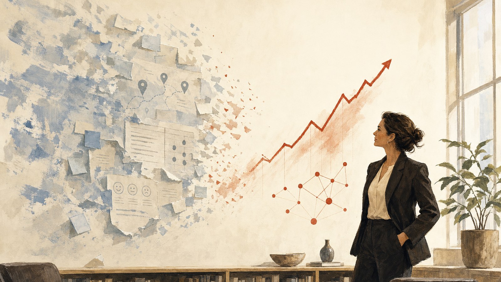 Illustration of a CX leader watching survey artefacts resolve into a rising performance curve