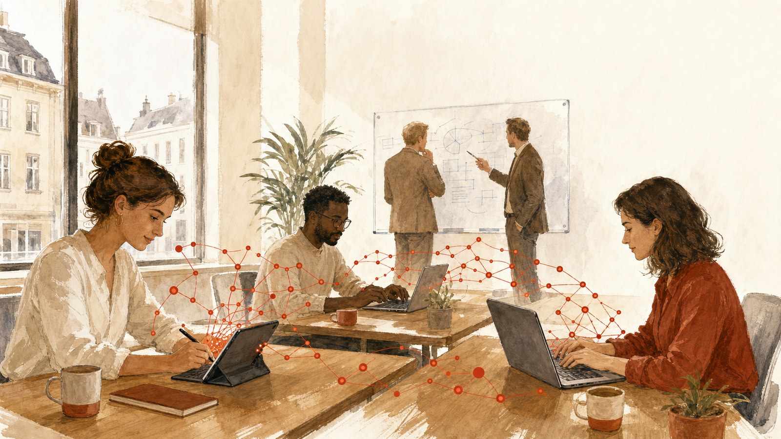 Illustration of a team already working with AI tools while leadership plans at a whiteboard behind them