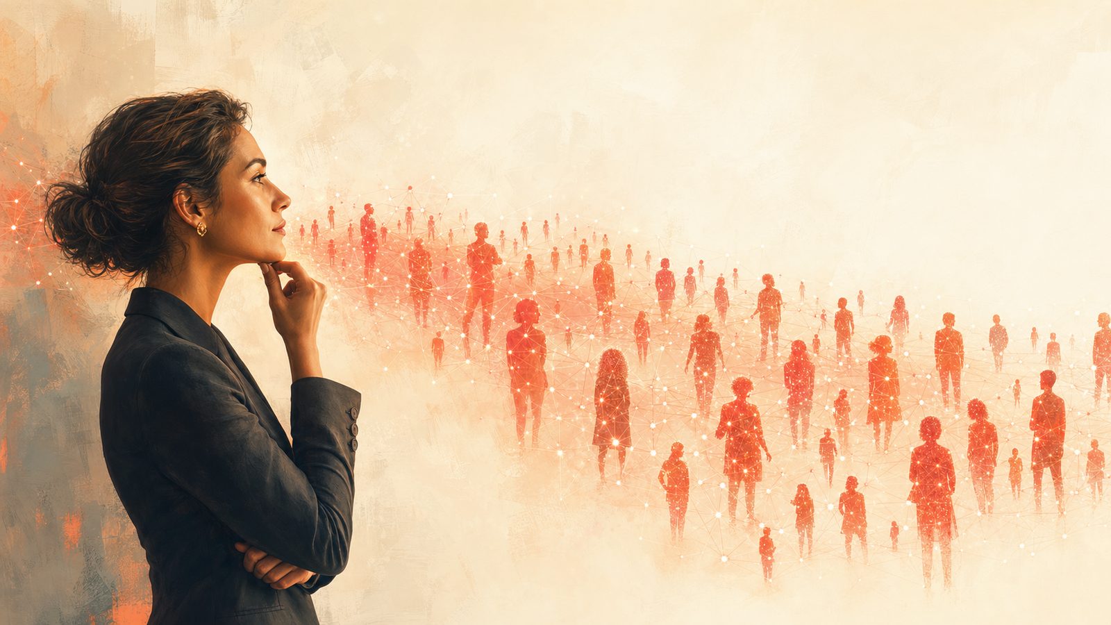 Illustration of a CX leader looking out across a crowd of connected customer figures