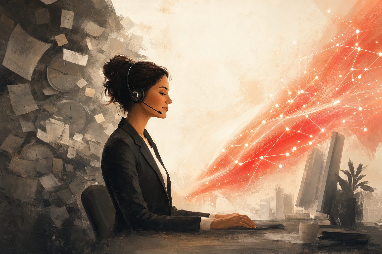 Illustration of a contact-centre agent between a grey mass of paperwork and clocks and a bright network of connections